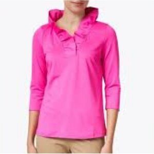 Gretchen Scott Top Hot Pink Womens Small Ruffle Neck 3/4 Sleeve Stretch Blouse